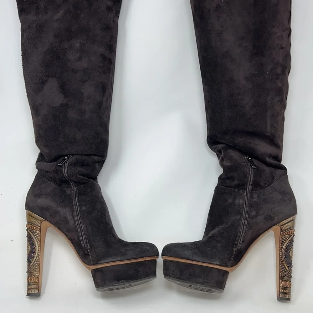 Le Silla 39/US 9 Brown Suede Metal Crystal Embellished Platform Tall Boots